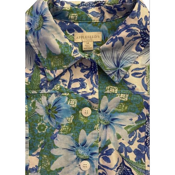 Appleseed's Jacket Blue White Green Resort Wear Floral Button Up Womens 14 - Picture 2 of 10